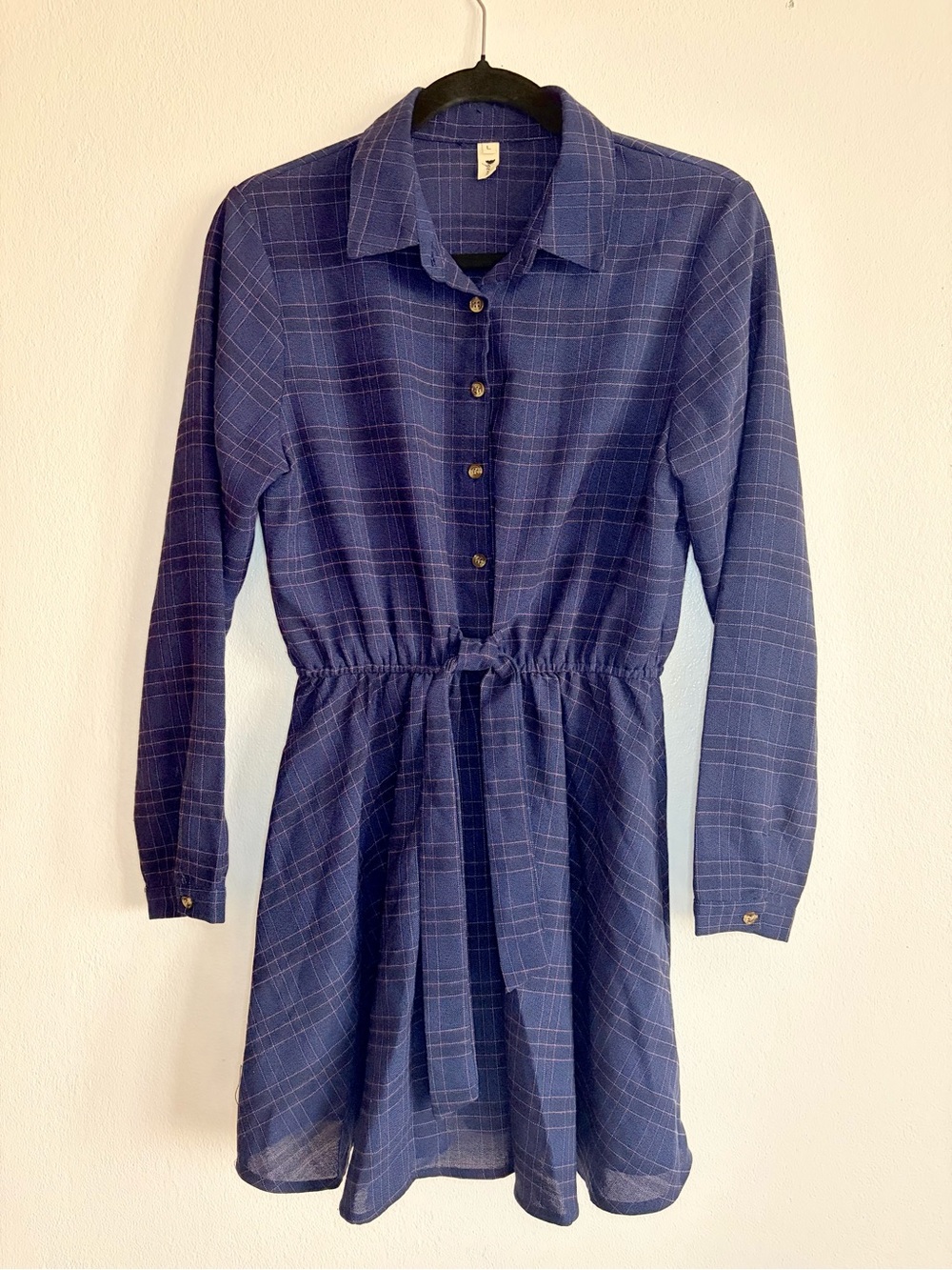 Navy Plaid Button-Front Shirt Dress with Tie Waist - Large